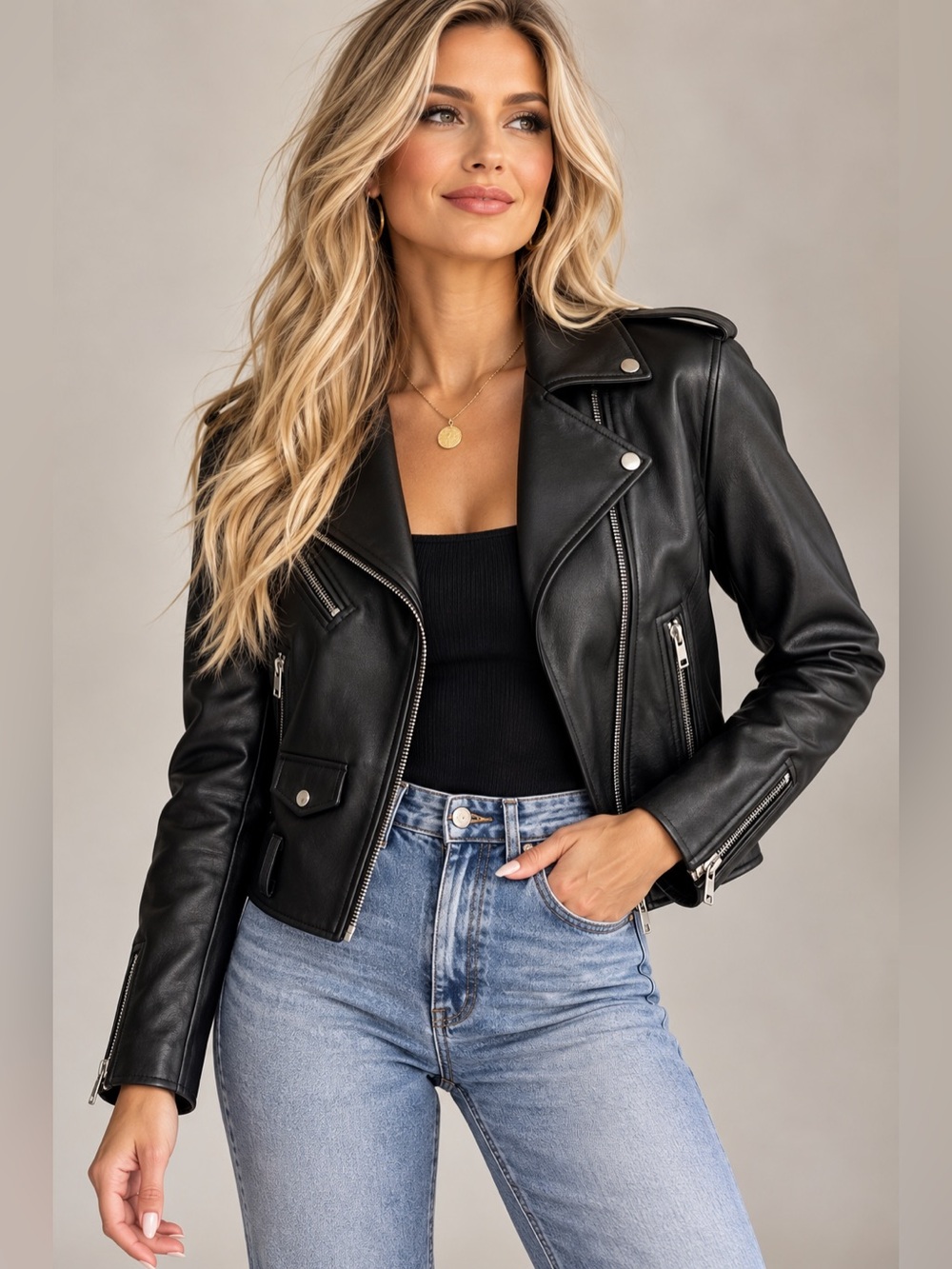 ZARA Women’s Black Faux Leather Moto Biker Jacket Silver Zip Size S